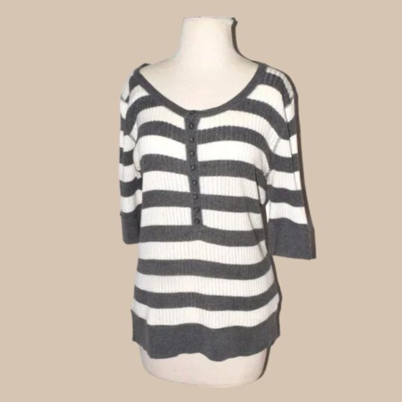 Vintage Liz Claiborne Stripped Pullover Cotton Sweater Short Sleeve Gray White - Picture 1 of 4